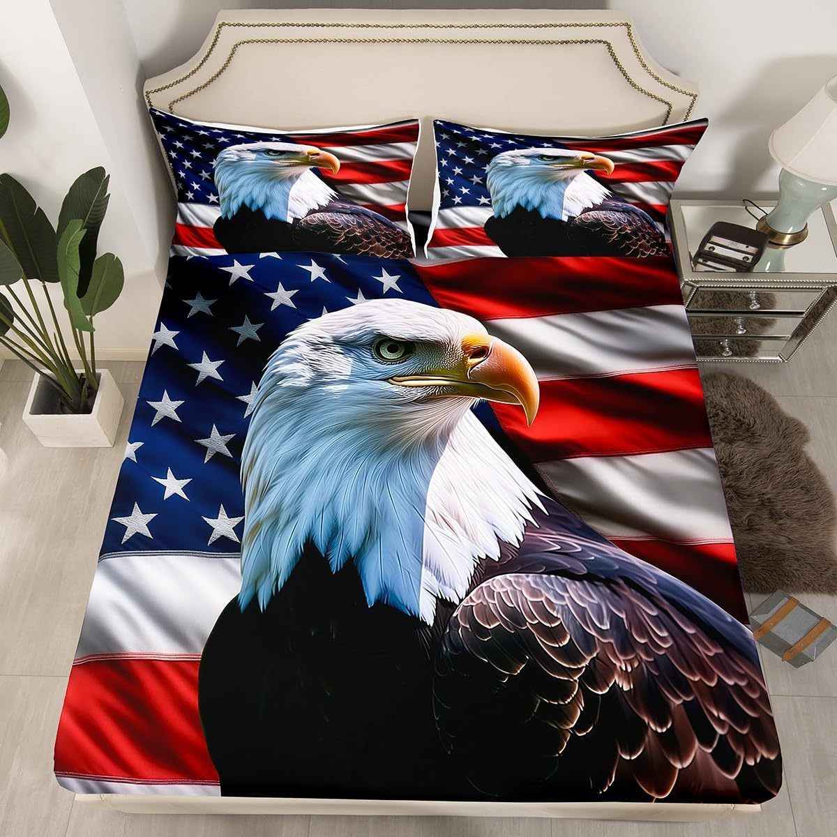3D Eagle Flag Twin Fitted Bedsheet Set