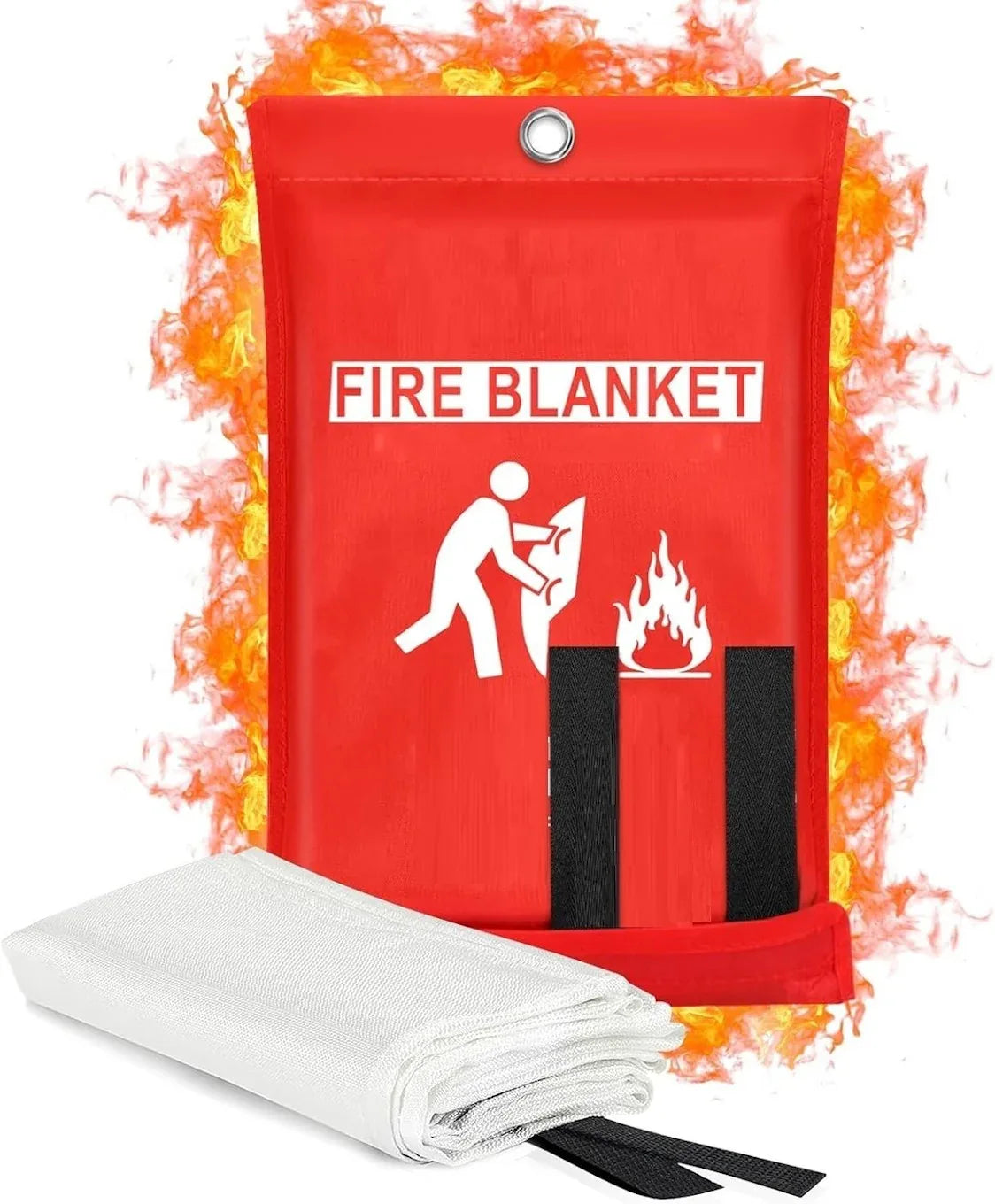 Emergency fire blanket and fire safety equipment including gloves, buckets, and instructional signs for home and workplace