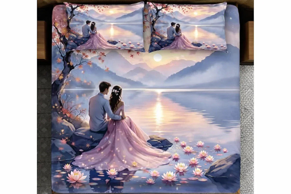 Romantic Sunset Lake Couple Bedsheet