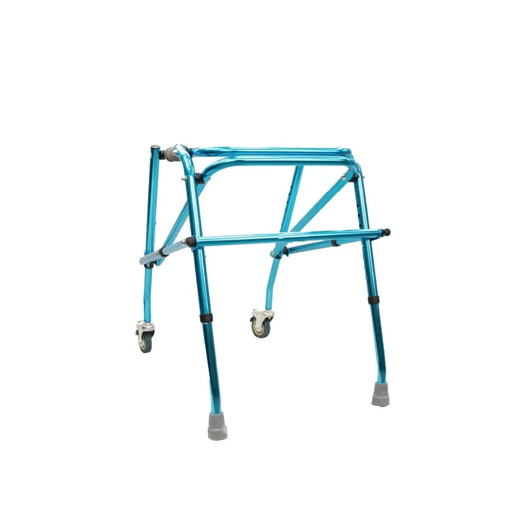 Adjustable pediatric walker with foldable frame and wheels for child mobility support