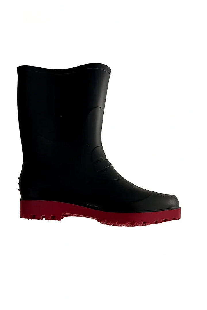 Black leather safety shoe with sturdy sole designed for fire protection and industrial use
