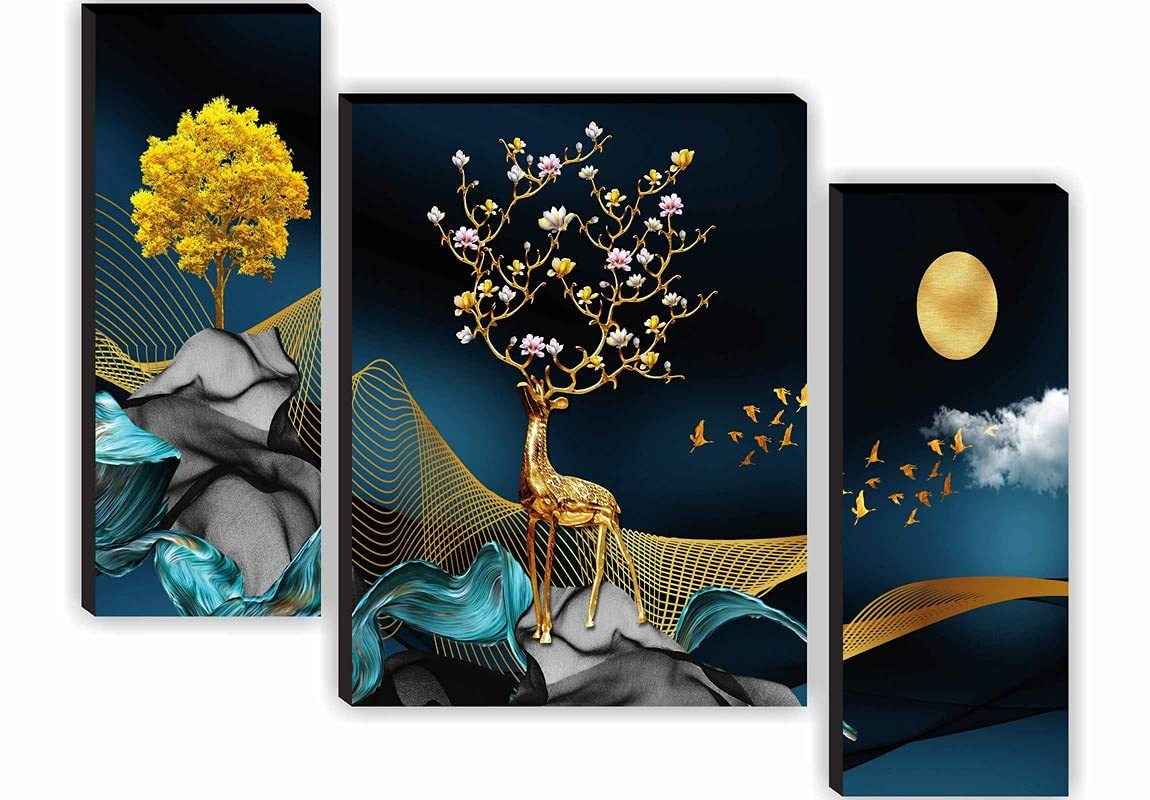 3D Deer Nature Art MDF Framed Painting Set of 3