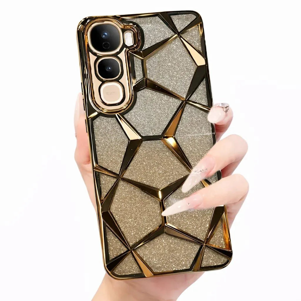 Gold geometric glitter design on a luxury iPhone back case covering the phone's rear and edges