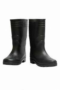 Heavy-duty black waterproof safety boots with rugged soles, designed for fire protection and industrial use.