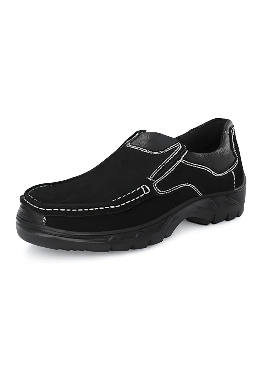 Black slip-on safety boots with white stitching, designed for fire protection and industrial use.
