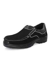 Black slip-on safety boots with white stitching, designed for fire protection and industrial use.