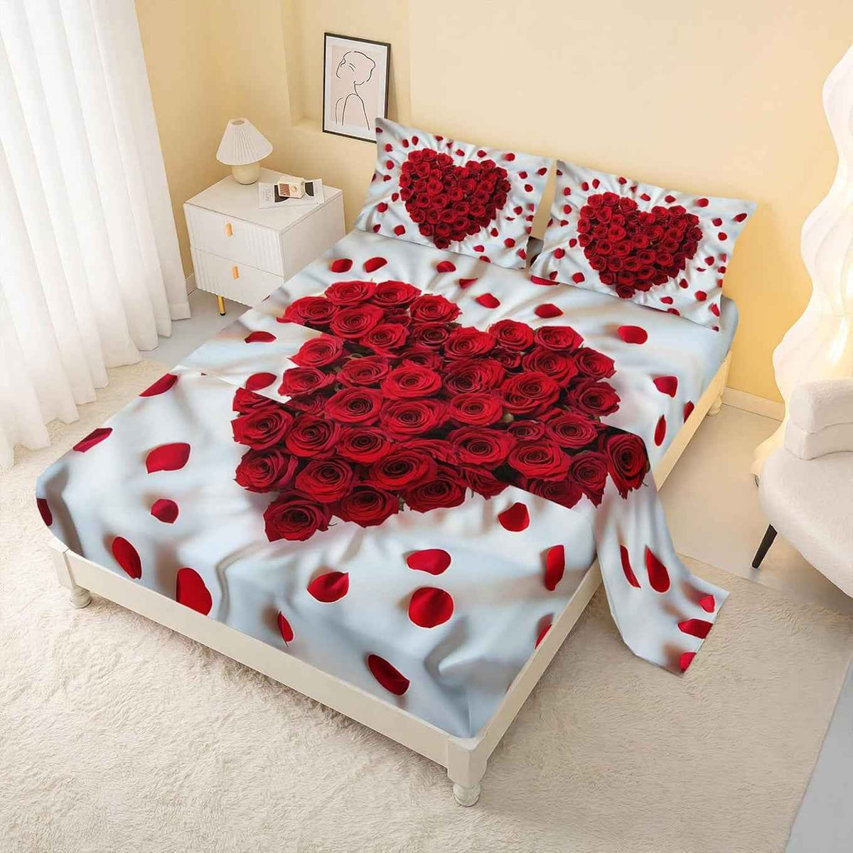 Romantic Red Rose King Bedsheet Set 4Pcs