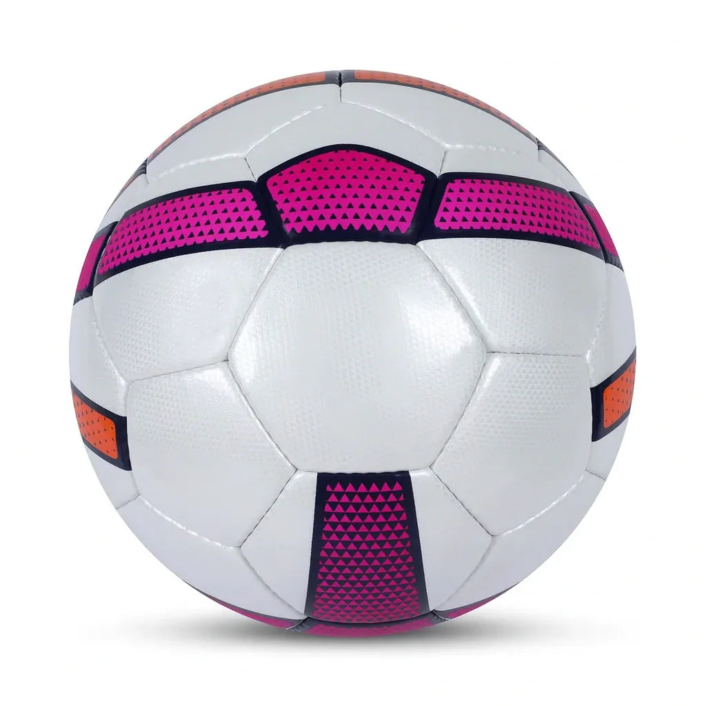 Close-up of a size 5 PU leather match football with textured surface and distinct panel design