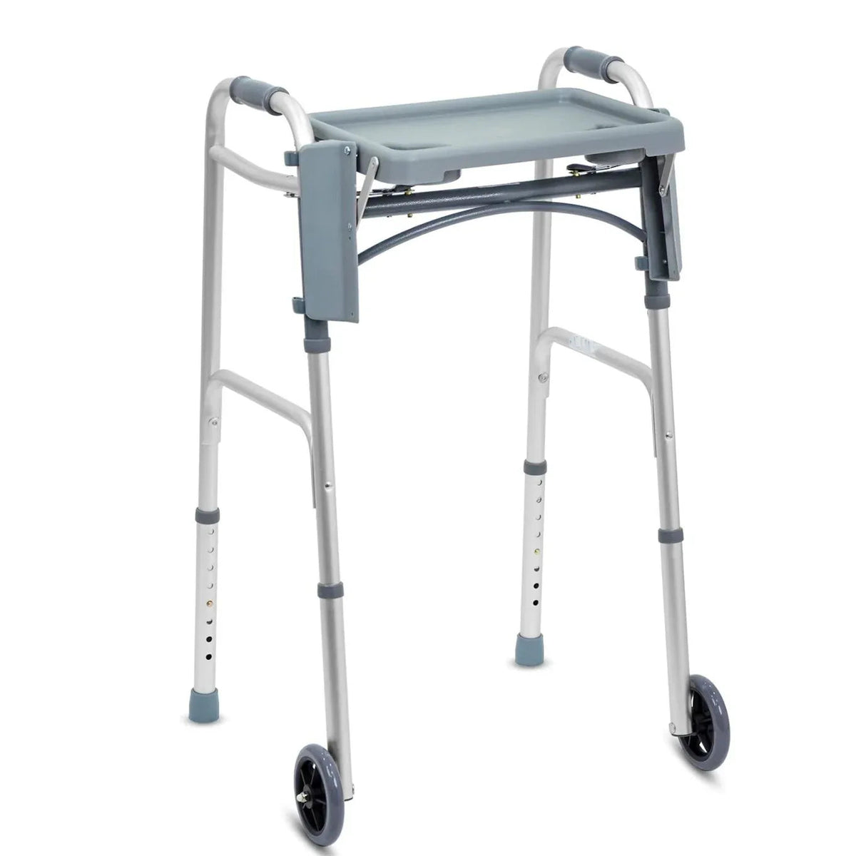 Adjustable silver folding aluminum walker with tray, non-slip tips, ergonomic grips for stable mobility support.