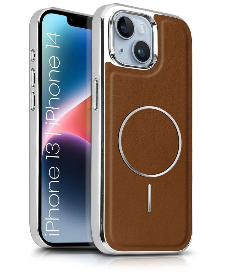 MagSafe leather back case in blush color for iPhone 13 and 14, offering protective and stylish design.