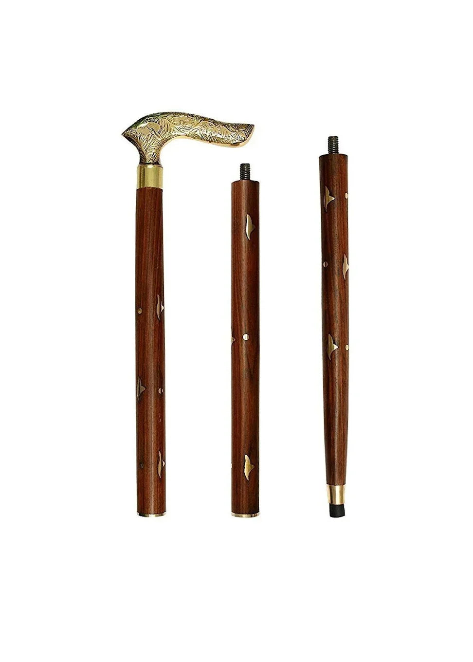 Handmade wooden folding walking stick displayed against a white background, showing its natural wood grain and folding joints