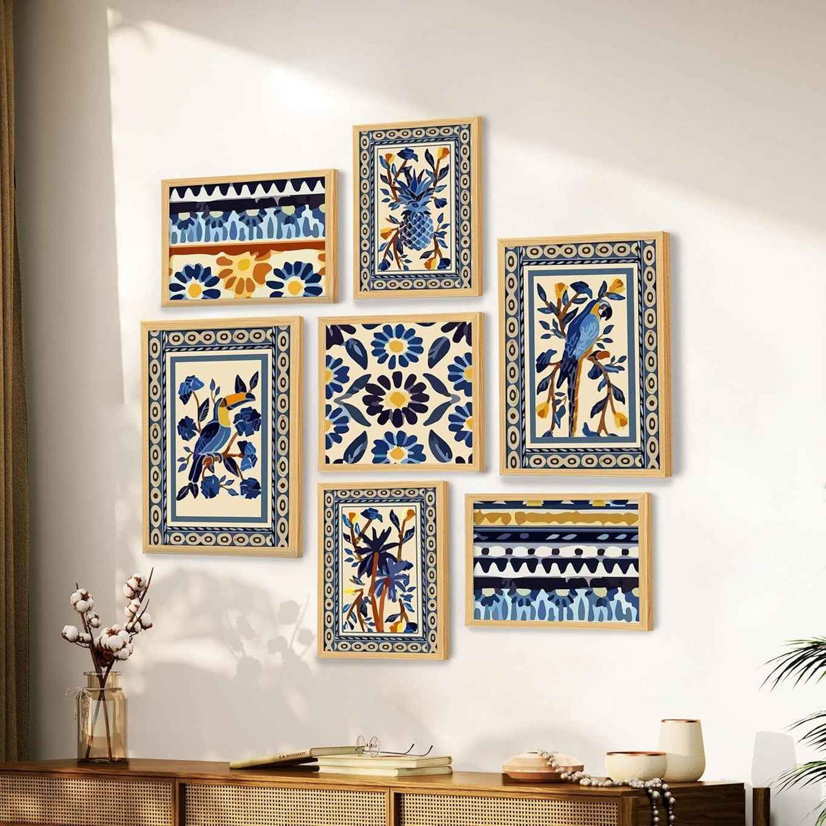 Blue Birds Vintage Wall Art Prints Set of 7
