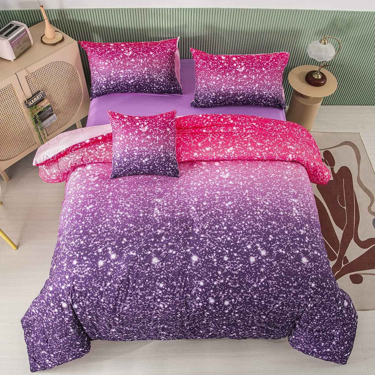 Purple Glitter Galaxy Twin Comforter Set 6Pcs