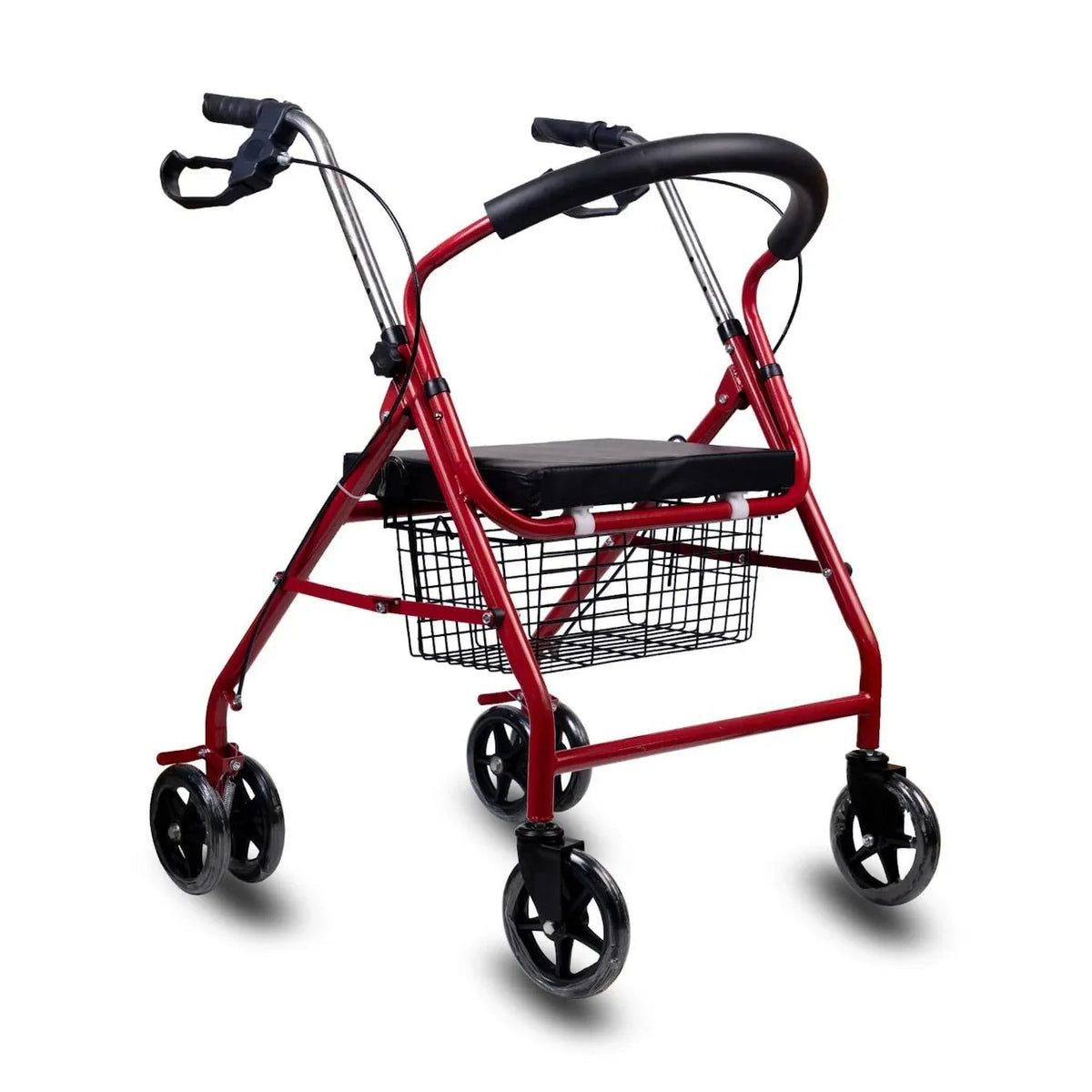 Foldable four-wheel walker with seat and brakes, showing ergonomic design and sturdy frame for mobility support.