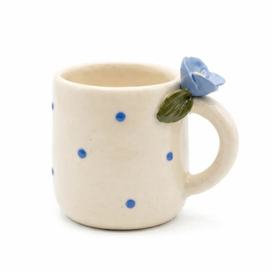 Handcrafted Polka Dot Mug with Blue Flower