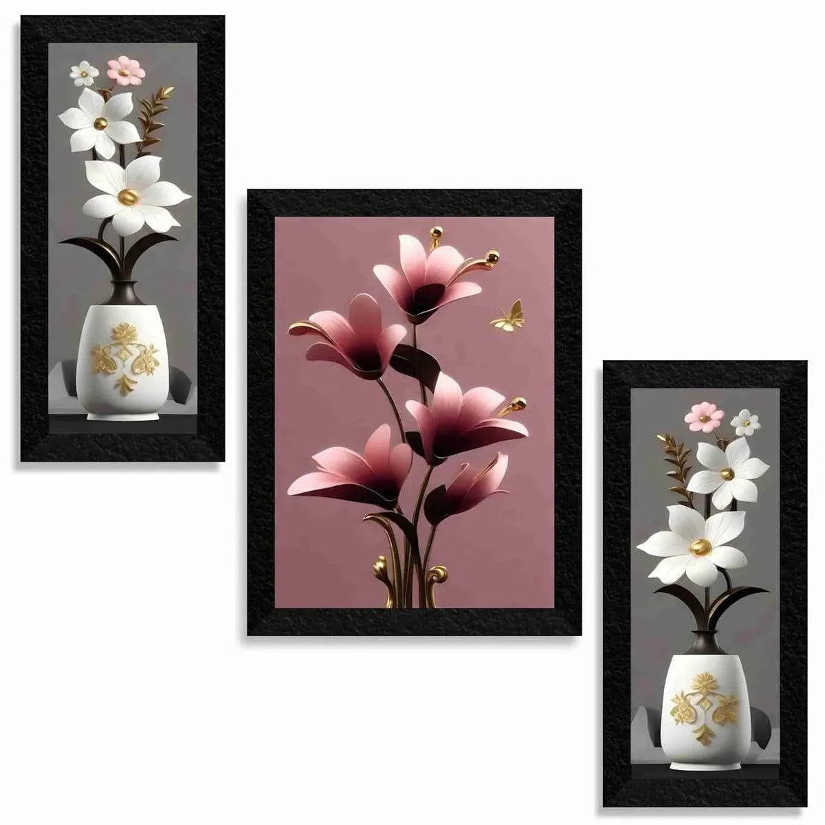 Flower Pot 3D Wall Painting Set of 3 with Frames