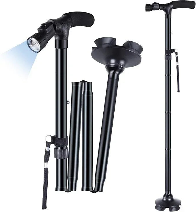 Foldable walking stick with torch, ergonomic handle and anti-skid rubber tip designed for seniors' support and safety.