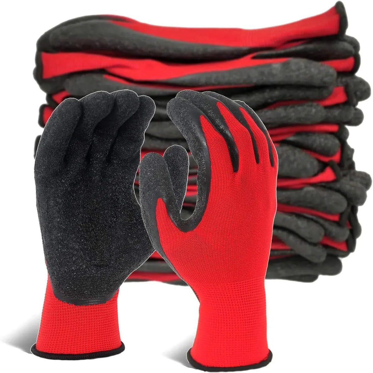 Pack of five heavy duty latex coated work gloves laid out to show durability and grip for fire protection tasks.