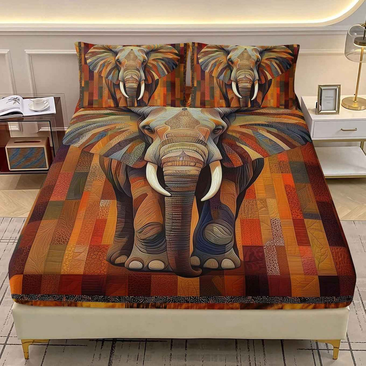 3D Elephant Print Queen Fitted Bedsheet Set