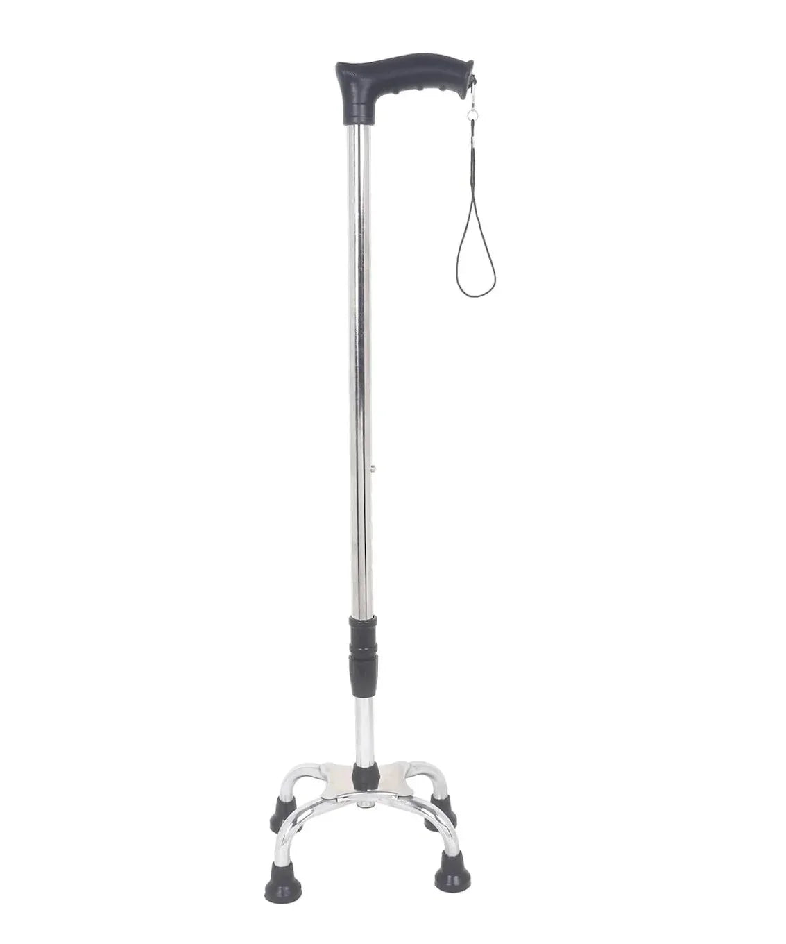 Heavy Duty 4 Leg Adjustable Walking Stick in black with ergonomic handle and sturdy base on white background
