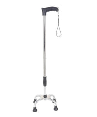 Heavy Duty 4 Leg Adjustable Walking Stick in black with ergonomic handle and sturdy base on white background