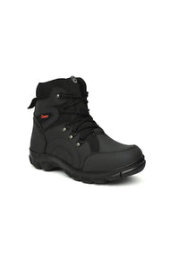 Black mid-ankle fire protection safety boots with sturdy sole for heat and impact resistance