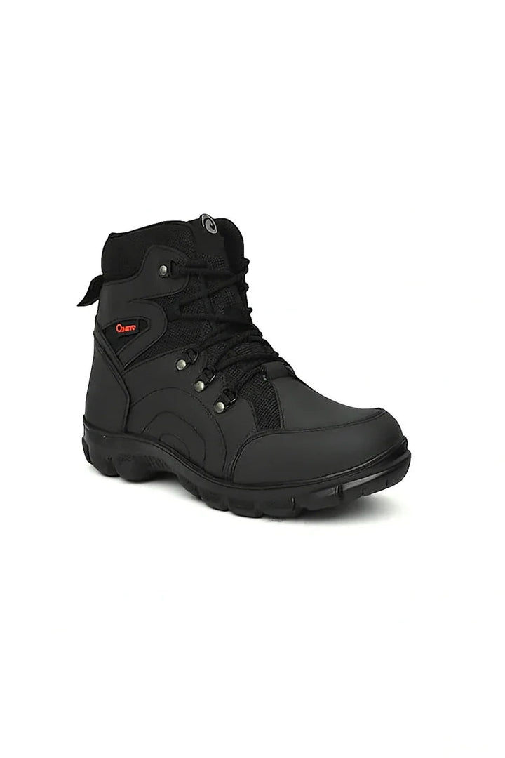 Black mid-ankle fire protection safety boots with sturdy sole for heat and impact resistance