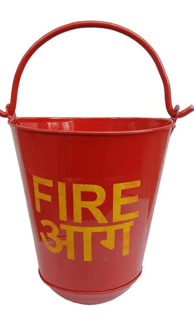 Red 9L iron fire safety bucket used for ash collection and fire emergencies, placed on a wooden floor.