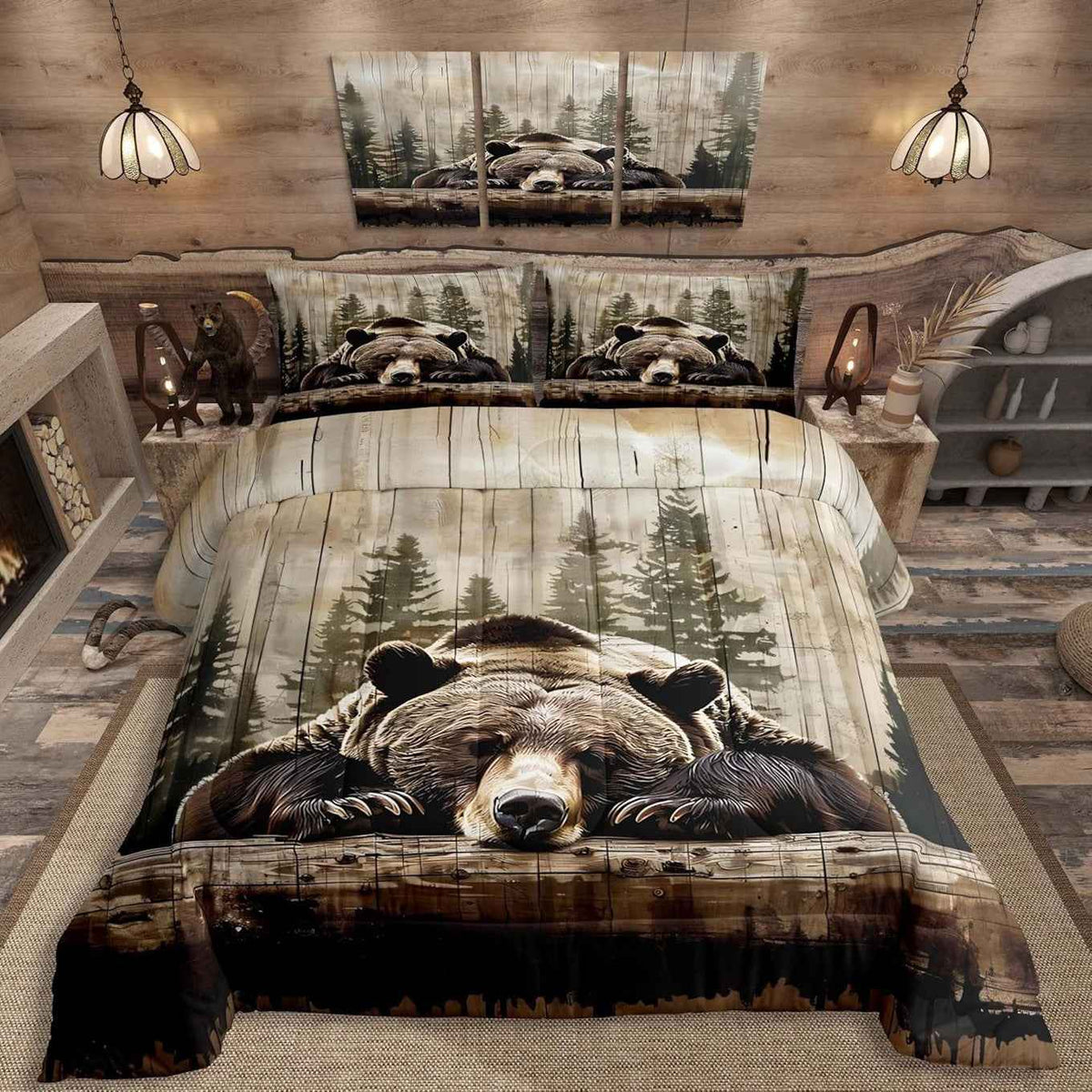 Grizzly Bear Queen Quilt Bedsheet Set