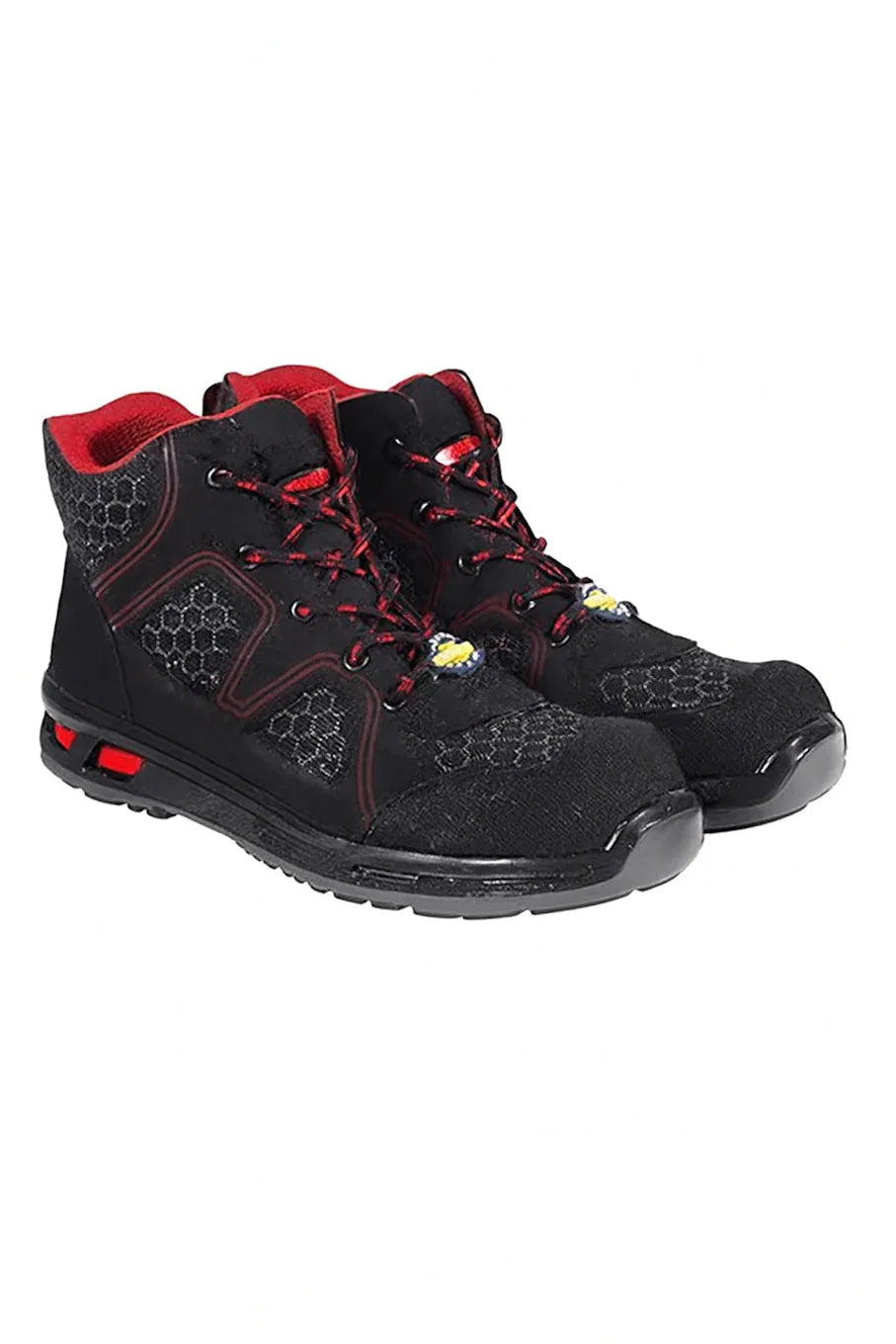 Black mid-ankle safety boot with red lining shown from side, designed for fire protection and industrial use.