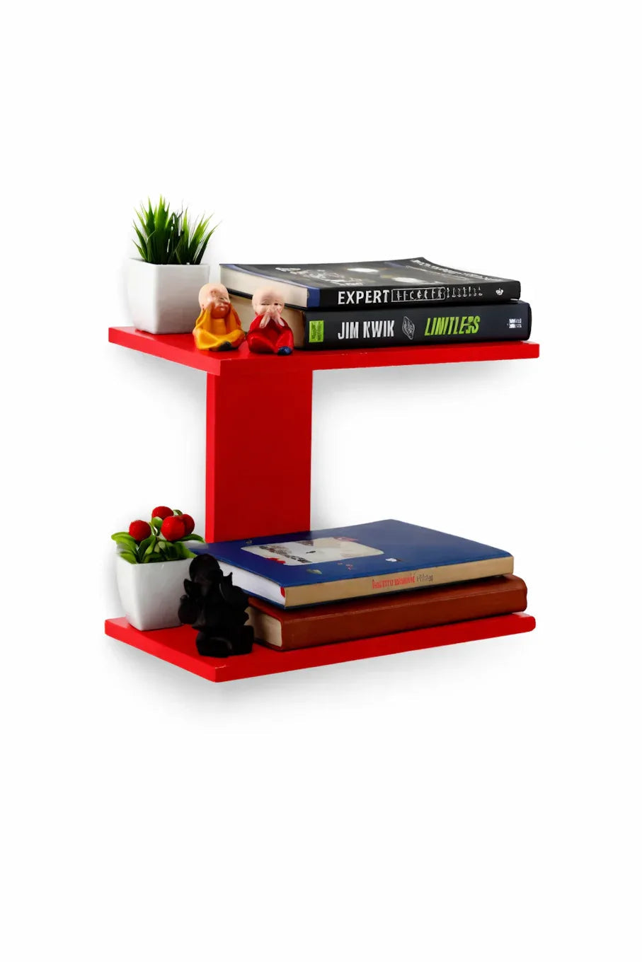 Red Z-shaped modern wall shelf mounted on white wall with decorative books and plants