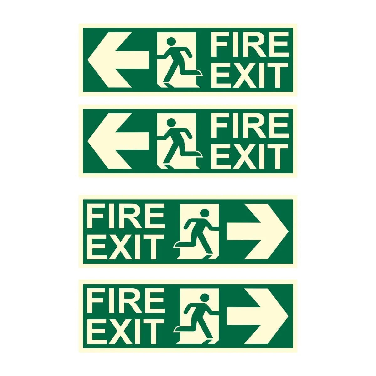 Pack of 4 fire exit arrow glow signs on PVC board for emergency exit guidance