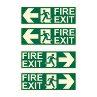 Pack of 4 fire exit arrow glow signs on PVC board for emergency exit guidance