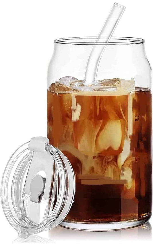 Glass Beer Can Tumbler with Straw & Lid 540ml