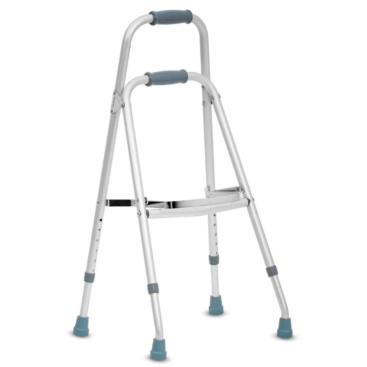 Silver aluminum adjustable folding hemi walker with ergonomic grips and non-slip rubber tips on indoor floor