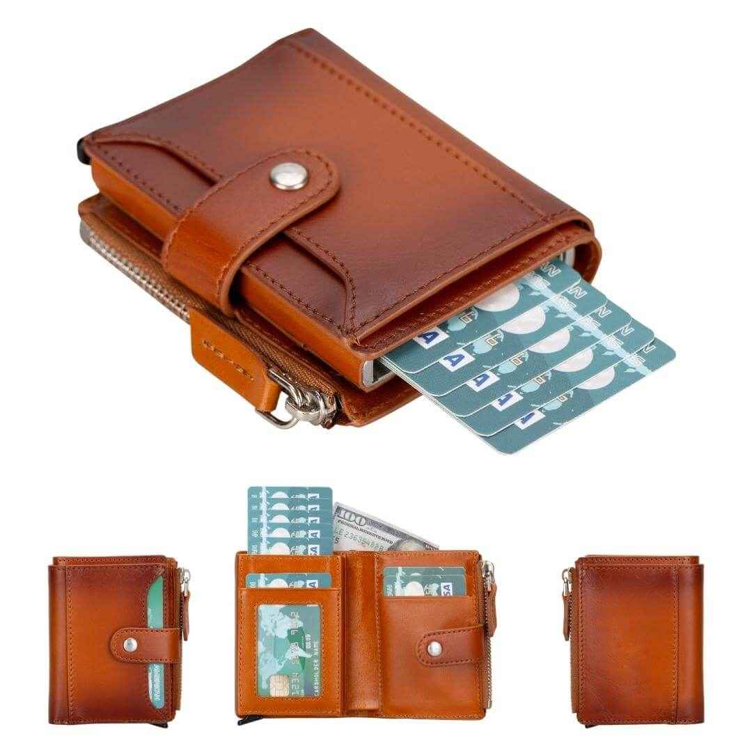 Top view of Glenrock genuine cowhide leather pop up card holder wallet closed on white background