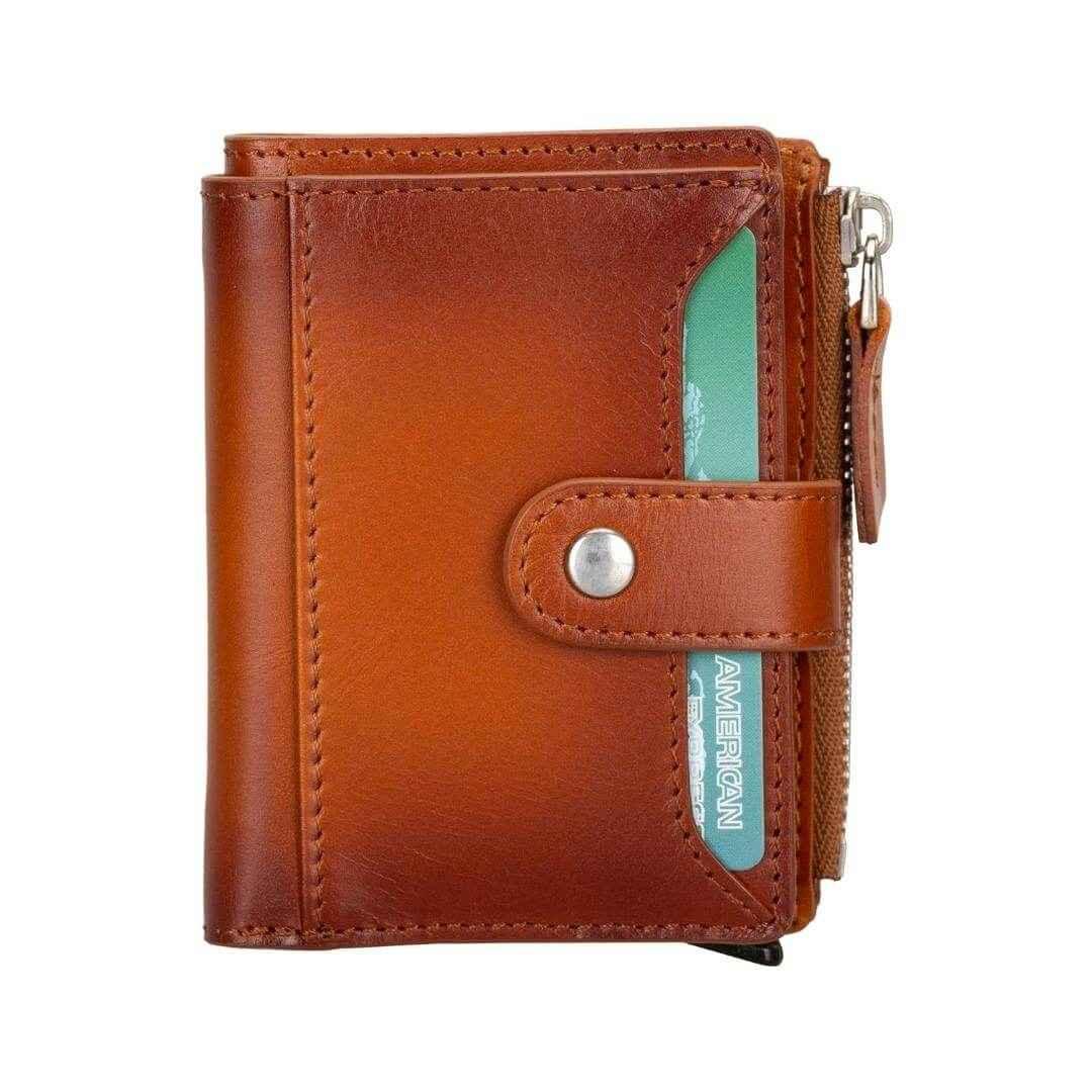 Pop up card holder wallet open displaying multiple credit cards in compartments