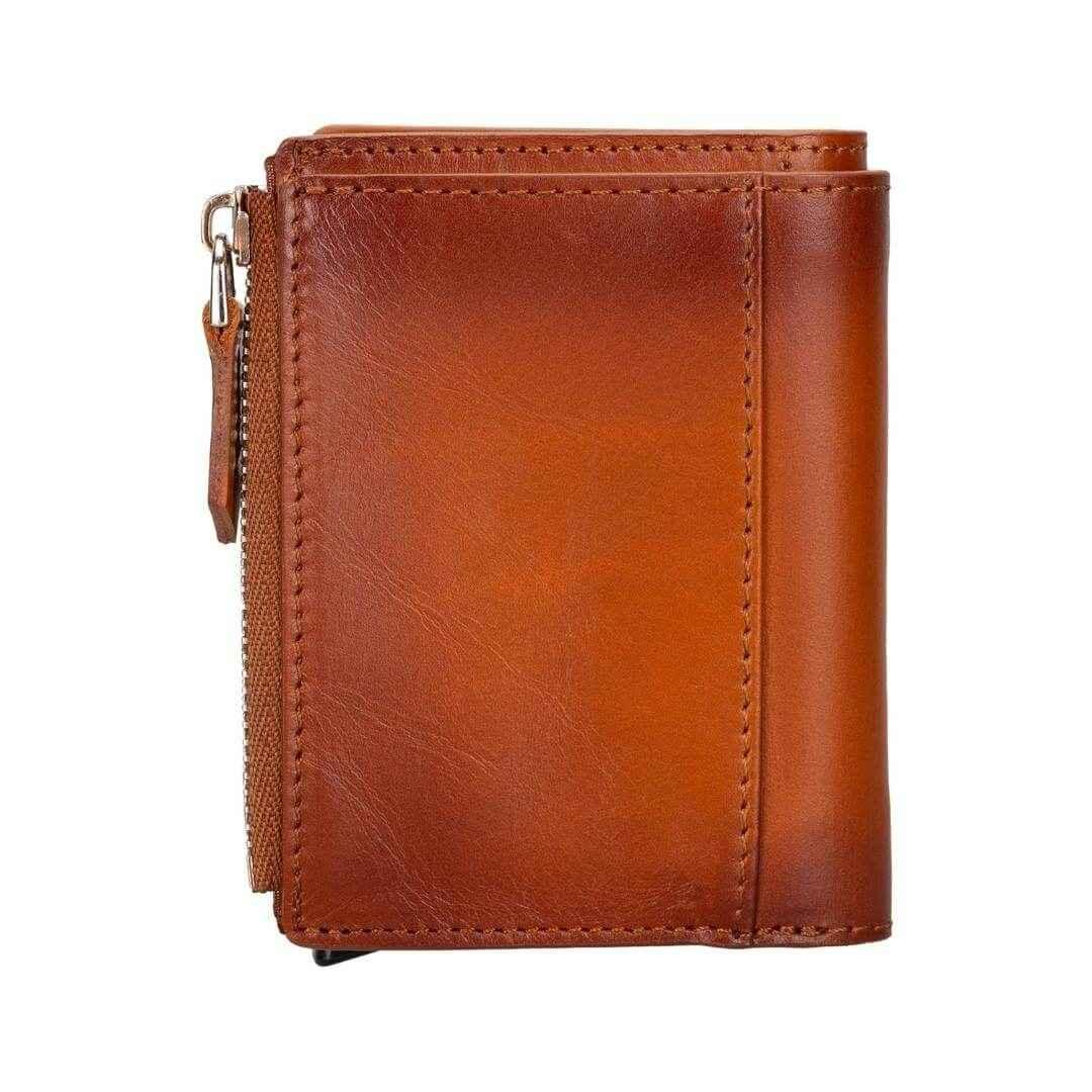 Close-up of zipper and coin slot on Glenrock genuine leather wallet