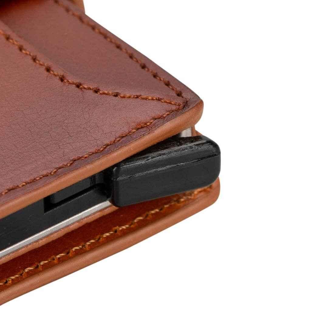 Transparent ID window on genuine leather pop up card holder wallet showing ID card
