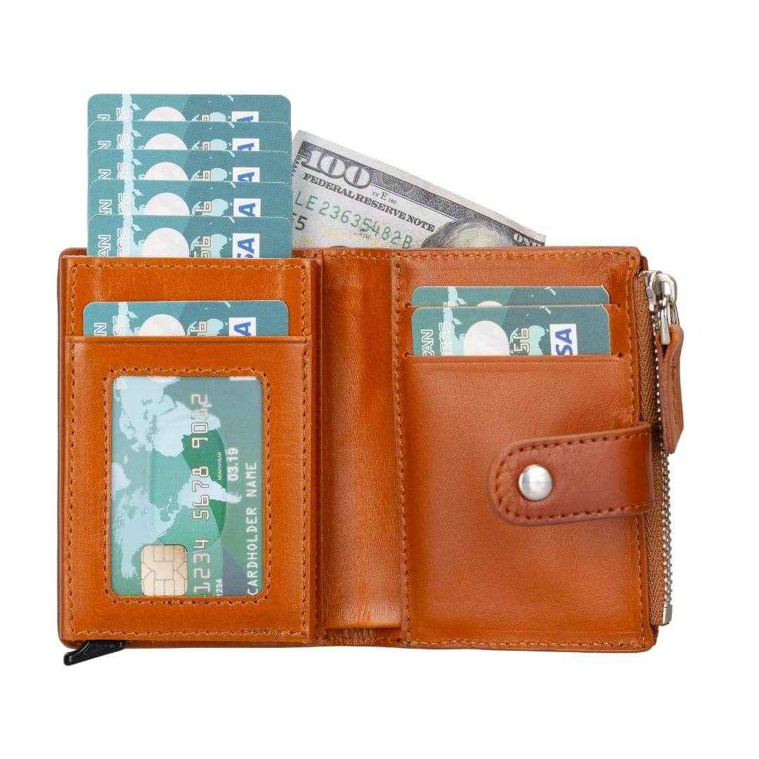 Side view showing slim profile of genuine leather pop up card holder wallet with brown stitching