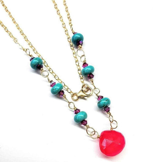 Gold filled chain necklace with wire-wrapped turquoise magnesite and pink chalcedony gemstone drop.