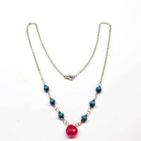 Vibrant pink and turquoise gemstone drop on delicate 14K gold-filled cable chain necklace.