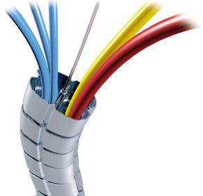 Grey OE Elsafe umbilical cable management system for floor to desk with silver weighted foot and white desk collar