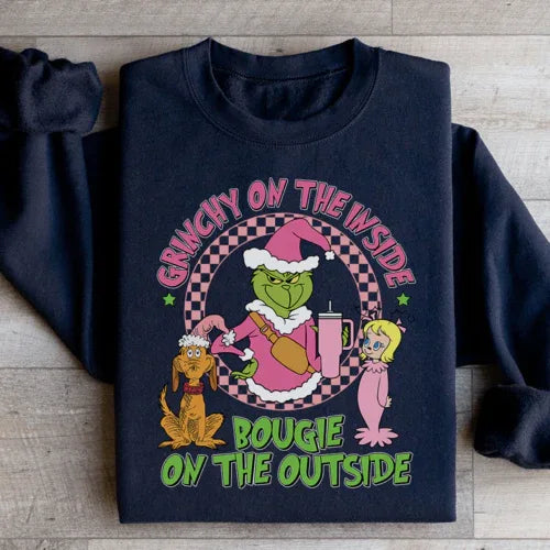 Black sweatshirt featuring bold Grinchy and bougie phrase in white lettering