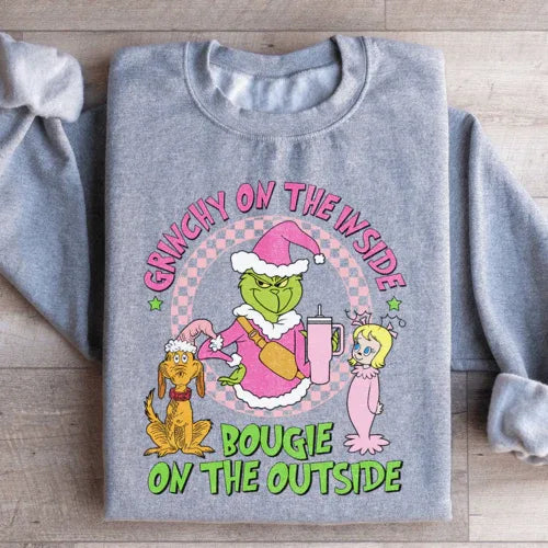 Front view of sport grey sweatshirt featuring Grinch-inspired text design