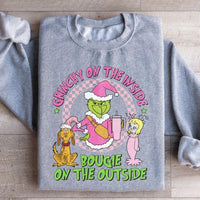 Front view of sport grey sweatshirt featuring Grinch-inspired text design