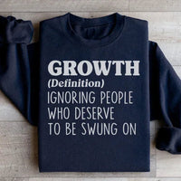 Black fleece sweatshirt showing front detail of 'growth' graphic and cozy texture.