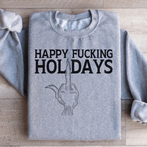 Sport grey Happy Holidays sweatshirt with colorful holiday-themed graphic on front