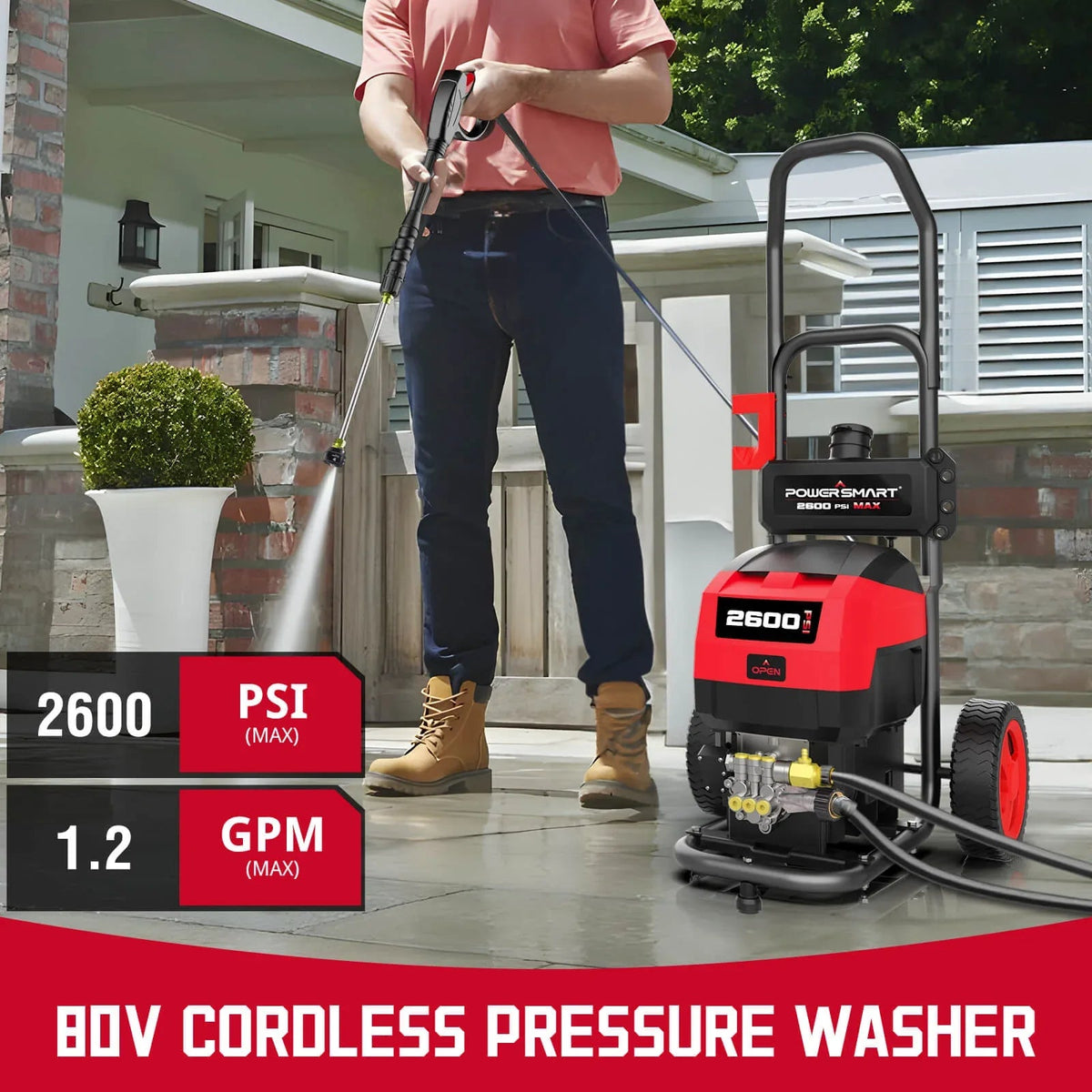 Close-up of pressure washer head and nozzle spraying water at high pressure