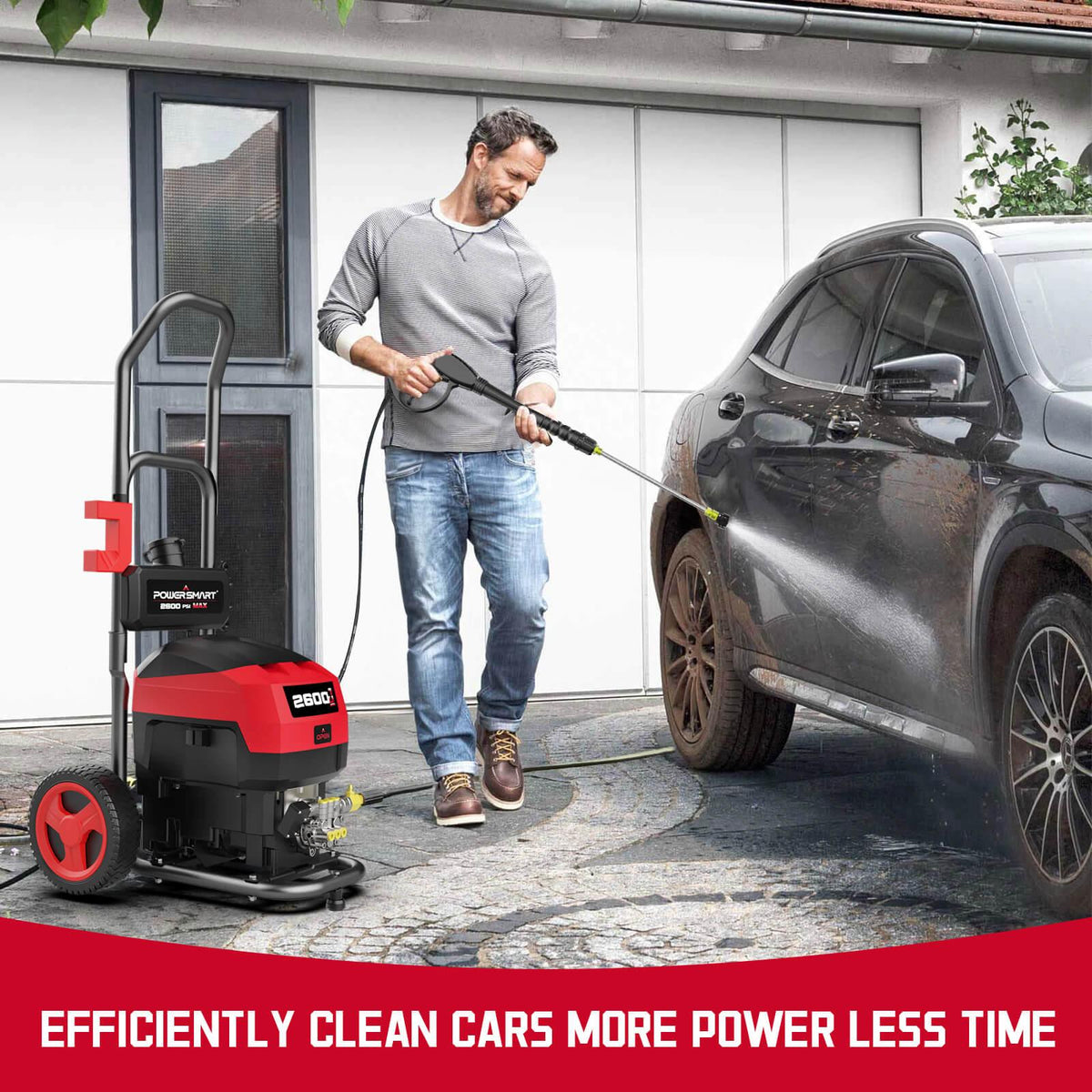 Pressure washer powering on, highlighting control buttons and display panel